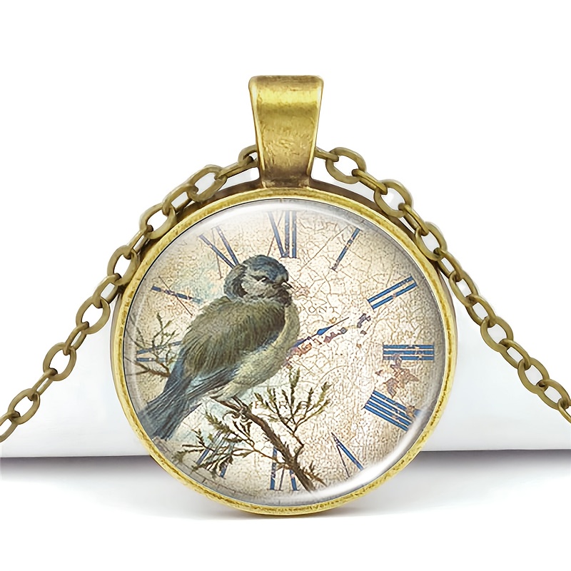 Brown Metal Clock Display Round Pendant Necklace, Artistic